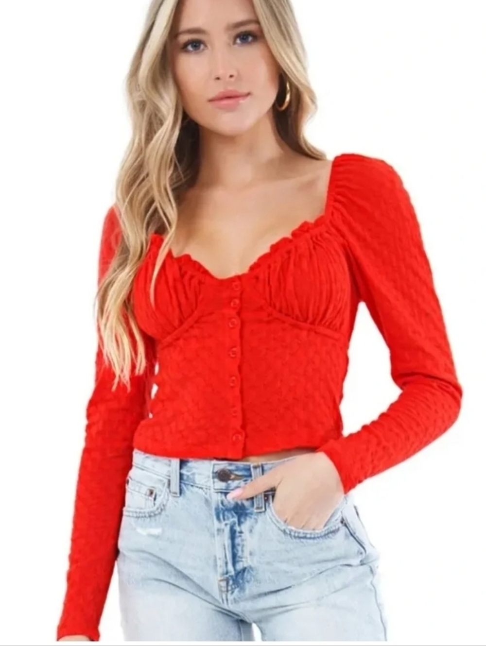 Free People Red Orange Ladybug Textured Bustier Crop Stretch Shirt Blouse Medium
